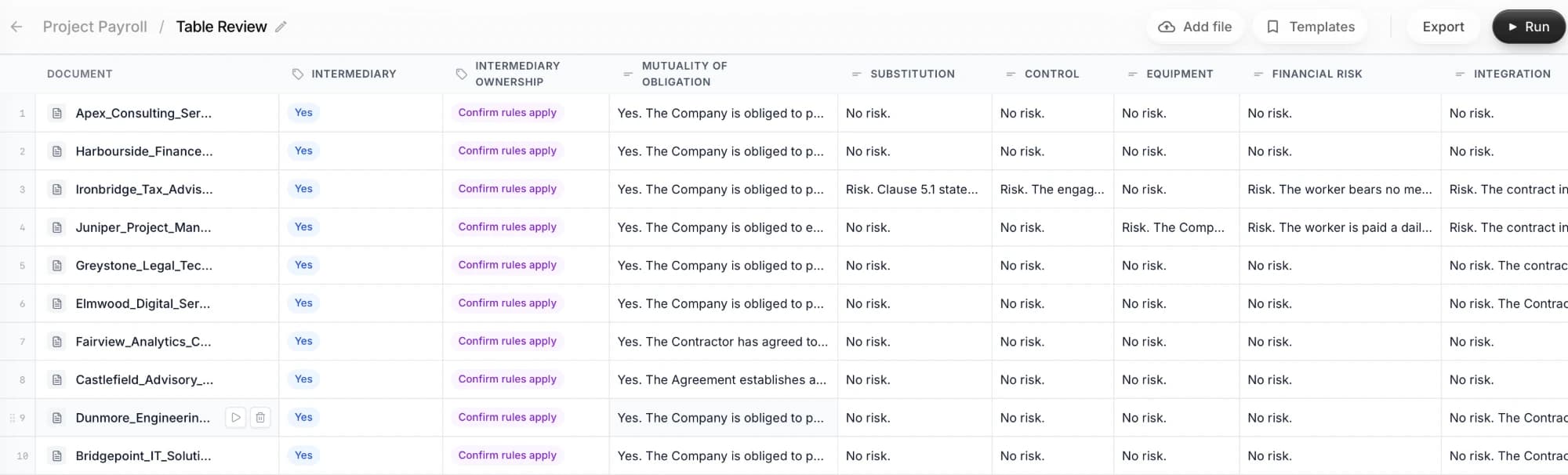 Revax Matrix - documents as rows, questions as columns, every cell cited
